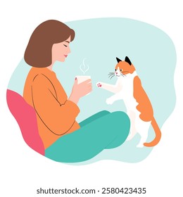 Relaxed Woman Enjoying Hot Drink with Playful Cat at Home