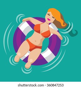 Relaxed woman floating in an inner tube. EPS 10 vector.