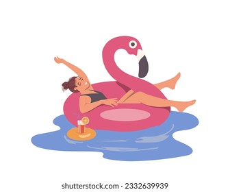 Relaxed woman floating in rubber swan ring drinking cocktail while rest in swimming pool or sea