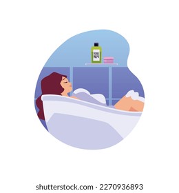 Relaxed woman in foamy bathtub, flat vector illustration isolated on white background. Happy character taking bath with foam. Concepts of hygiene and self care.