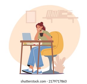 Relaxed Woman Freelancer Character Working on Laptop Sitting at Desk with Cup of Coffee in Hand. Relaxed Freelance Outsourced Employee Online Job, Occupation at Home. Cartoon Vector Illustration