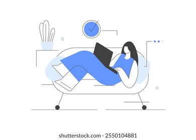 Relaxed Woman Freelancer Character Working with Laptop on a couch. Working on part and full time job positions, freelance at home. Flat Cartoon Vector Illustration, icon. Stylish abstract