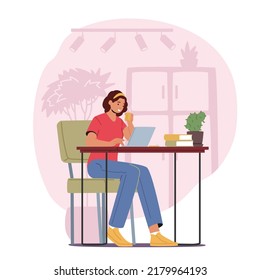 Relaxed Woman Freelancer Working on Laptop Sitting at Desk with Coffee Cup Thinking of Tasks. Freelance Outsourced Employee Occupation, Working Activity, Online Services. Cartoon Vector Illustration