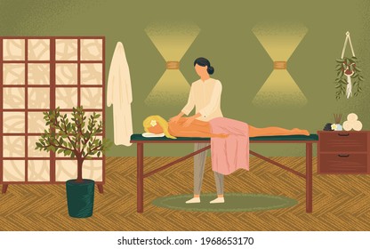 Relaxed woman getting thai massage in wellness spa concept vector illustration. Massage therapy and body treatment poster