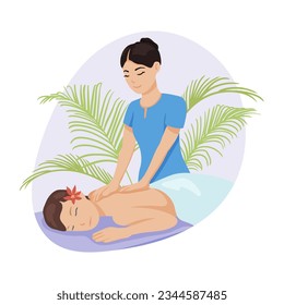 Relaxed woman having back massage vector illustration. Massage therapist helping female client relax at spa salon procedure. Cosmetology, health care, mental peace concept