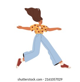 Relaxed woman jumping, flying with ease. Girl floating in weightlessness with hair up from wind. Carefree person feeling freedom, lightness. Flat vector illustration isolated on white background