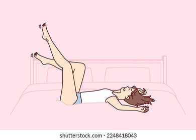 Relaxed woman lies on large bed with legs up after hard work day. Carefree young girl in tank top and shorts or panties falls on bed with smile, rejoicing at opportunity to relax. Flat vector design 