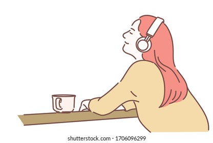 Relaxed woman listening to music breathing fresh air from a balcony with great hot coffee. Hand drawn in thin line style, vector illustrations.