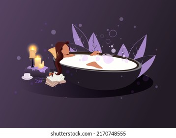 Relaxed Woman With Long Hair Takes A Bath With Foam And Bubles. Bathing Time, Stay At Home And Relax Concept. Vector Flat Cartoon Character Illustration. Bathroom And Bathtub Design Elements.