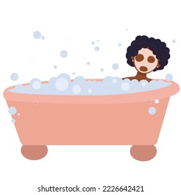 Relaxed woman lying at bath tub with face mask and bubbles foam. Woman taking a bath.Bubble Bath day.