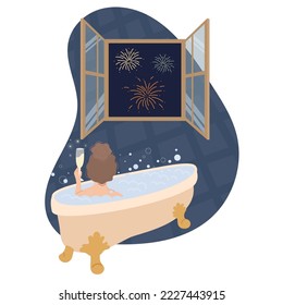 Relaxed woman lying at bath tub with a glass of champagne and bubbles foam.  Open window view with fireworks. Woman taking a bath.Bubble Bath day.