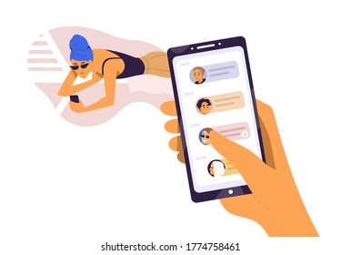 Relaxed woman lying on chaise-longue chatting at social networks or surfing internet vector flat illustration. Human hand holding smartphone with app messenger isolated. Female sharing news online