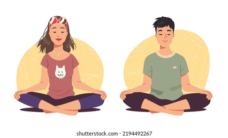 Relaxed woman, man meditating sitting in lotus yoga pose. Peaceful tranquil persons practicing meditation relaxing. Relaxation, Zen, concentration, mental health concept flat vector illustration set