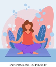 Relaxed woman meditating on carpet vector illustration. Happy girl doing yoga, regulating emotions and breathing deeply, practicing mindfulness. Emotional regulation, meditation concept