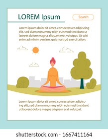 Relaxed Woman Meditating Sitting in Lotus Posture. Outdoor Yoga, Healthy Lifestyle, Relaxation Emotional Balance, Summer Vacation, Harmony with Nature Cartoon Flat Vector Illustration. Vertical Banner
