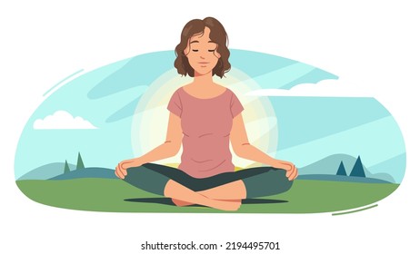 Relaxed woman meditating sitting in lotus yoga pose in nature. Peaceful tranquil person practicing meditation relaxing. Relaxation, concentration, mental health concept flat vector illustration