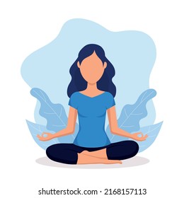 Mujer relajada meditando. Mujer en posición de yoga. Mujer meditando en la postura del loto. Yoga, meditación, relajación, concepto de estilo de vida saludable. Material vectorial