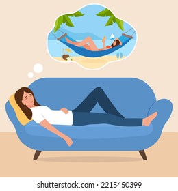 Relaxed woman  on couch sleeping and  dreaming about summer vacation , beach with sea. Flat style vector illustration.