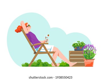 Relaxed Woman On Garden Chair Outdoor With Fresh Strawberry Lemonade.  Blooming Lavender Bucket, Strawberry In Pot On Green Lawn. Vector Flat Illustration