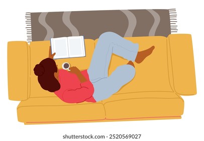 Relaxed Woman Reading A Book On A Comfortable Couch With A Warm Drink. Setting Is Cozy, With A Blanket Draped Behind The Character, Evokes Relaxation And Comfort. Cartoon People Vector Illustration