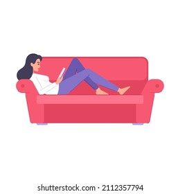 Relaxed woman reading interesting paper book lying on comfortable couch resting at home vector flat illustration. Female reader enjoying favorite hobby holding textbook educational literature isolated