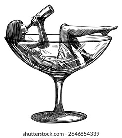relaxed woman reclining inside an oversized cocktail glass while drinking wine from bottle isolated on white background hand drawn line art detailed sketch illustration poster card alcoholism design