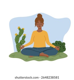 Relaxed woman sitting cross-legged outdoors in a meditative pose wearing a yellow shirt and blue pants with soft natural lighting conveying tranquility and well-being suitable