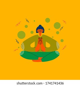 Relaxed woman sitting in lotus position. Woman sitting and holding palms over chest. Namaste flat vector illustration