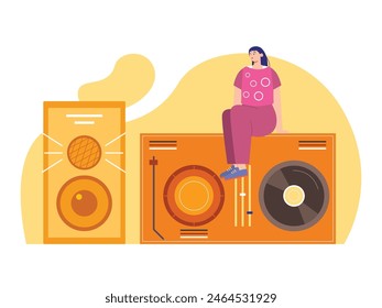 Mujer relajada sentada en un Grande tocadiscos de vinilo, escuchando una canción en grandes altavoces. Diseño de personajes. Ilustración plana de Vector