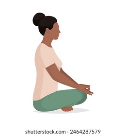 Relaxed woman sitting and practicing meditation, profile view, isolated