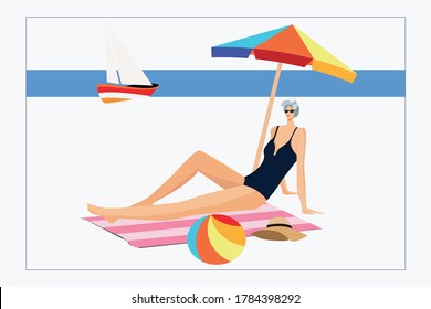 Relaxed Woman   sitting in sun  at sea beach, Vacation and travel concept. Beach umbrella, beach chair Beach Volley ball, sand, boat and ocean in background. Vector illustration.