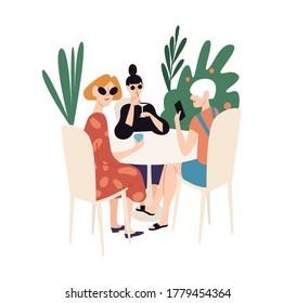 Relaxed woman sitting at table in summer outdoor cafe together vector flat illustration. Girl friends drink cocktails and use smartphone isolated. Female spending time at cafeteria during vacation