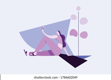 Relaxed woman sitting within the nature and taking selfie witha smart phone. Or Chatting and video calling concept. Disproportionate style Cute flat vector