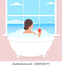 Relaxed woman taking bath, lying in foam bubbles. A lady with a wineglass enjoys the sea landscape. . Vector illustration 
