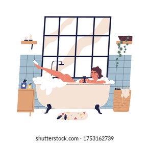 Relaxed woman taking bath surfing internet on smartphone vector flat illustration. Female lying in foam bubbles holding mobile phone isolated on white. Addicted girl chatting at bathroom interior