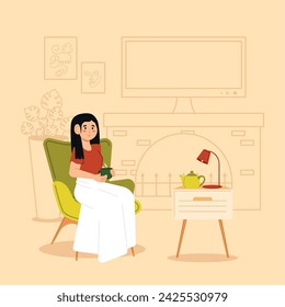 Relaxed woman taking a coffee cup Hygge concept Vector illustration