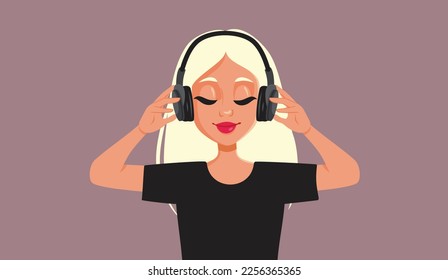 
Relaxed Woman Wearing Headphones Listening to Music Vector Illustration. Happy girl enjoying a positive message on a podcast or audio-book 
