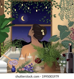 relaxed women taking bath watching the moon and the stars in a bathroom
that spa bath salt, candles, wine and plants decorated .