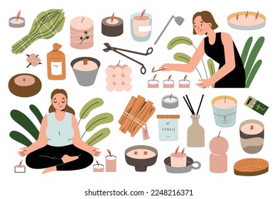 Relaxed women using scented candles, smelling, lighting perfumed candles in jars, meditating, doing yoga. Palo santo wood and sage smudge, home aromatherapy concept, isolated flat vector illustrations