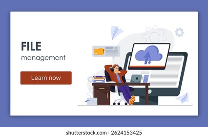 Relaxed worker at desk with cloud upload on screen, folders and documents around, in a modern flat style on white background. Concept of file management. Vector illustration