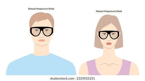 Relaxed Wraparound Shield frame glasses on women and men flat character fashion accessory illustration. Sunglass silhouette style, spectacles eyeglasses, lens sketch style outline isolated on white