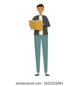 Relaxed young adult male stands while enjoying a book, depicted in a modern flat design