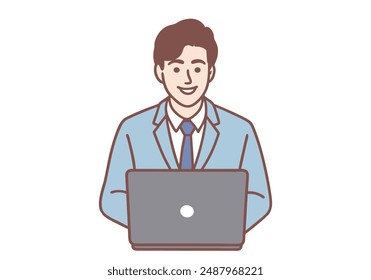 Relaxed Young Businessman feeling satisfied, sitting in front of laptop working at office. Hand drawn style vector design illustrations.
