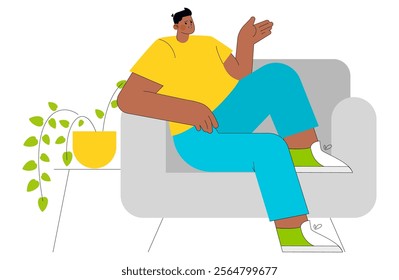 Relaxed young businessman lounging on a modern couch, gesturing in a casual discussion in an office setting. Vector illustration.