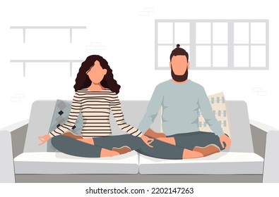 Relaxed Young Family Sitting On A Sofa, Doing Yoga Together, Guy And Girl Relaxing On Couch, Meditating, Releasing Negative Emotions On Weekend At Home