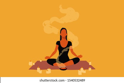 Relaxed young girl sitting on the yoga mat with her legs crossed and meditating with candles. Yoga lifestyle concept. Flat vetor illustration