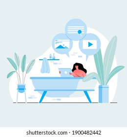 Relaxed  young girl sitting on bathtab with tablet front view vector flat illustration. Modern female enjoing video and Photo. Cheerful female surfing internet or chatting at home
