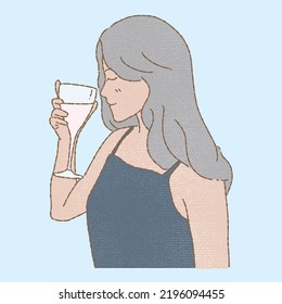 Joven relajada tomando vino o champán de una copa. Mujer disfrutando de sus bebidas. Ilustración vectorial plana dibujada a mano en un estilo de textura de lápiz de color.