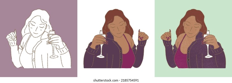 Jovencita relajada que disfruta divirtiéndose en la fiesta. Mujer bailando y bebiendo bebidas alcohólicas de un vaso. Conjunto de estilos diferentes ilustraciones planas de vector dibujadas a mano aisladas en fondo de color.