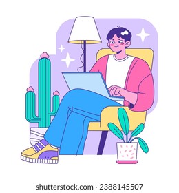 Relaxed young man enjoying a serene evening, working on his laptop amidst a cozy ambiance, surrounded by starry decor and indoor plants. Flat vector illustration.
